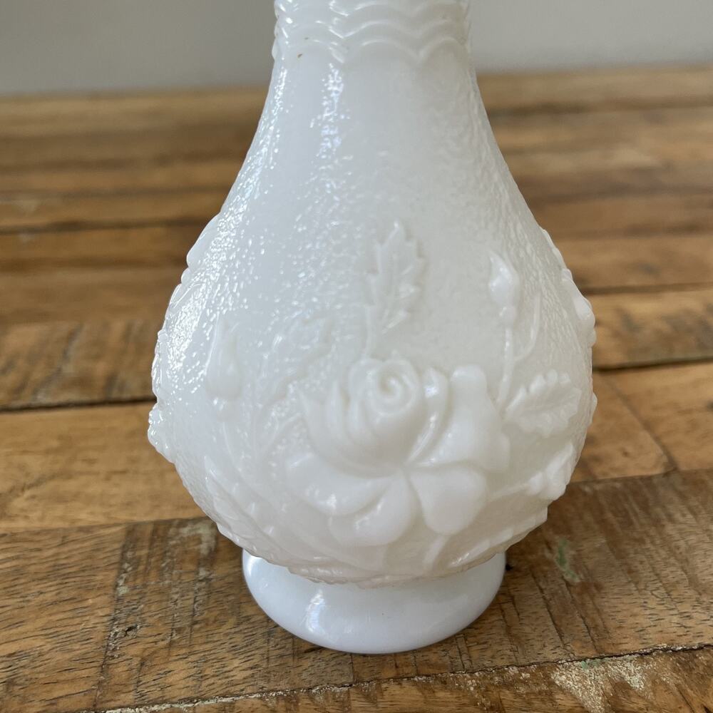 Imperial Milk Glass Bud Vase Embossed Roses Ruffled Scalloped Rim - Picture 2 of 12